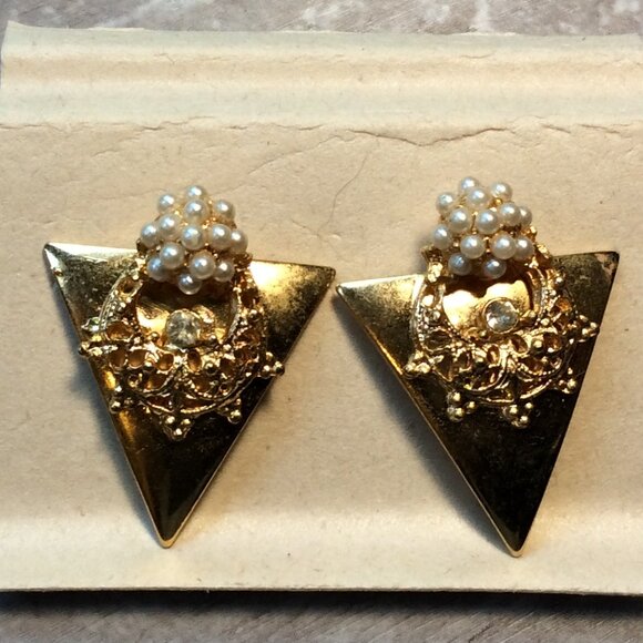 80s Gold Earrings Triangle Rhinestone & Pearl Accents! ✨ #VintageGlam #80sChic - Picture 1 of 3